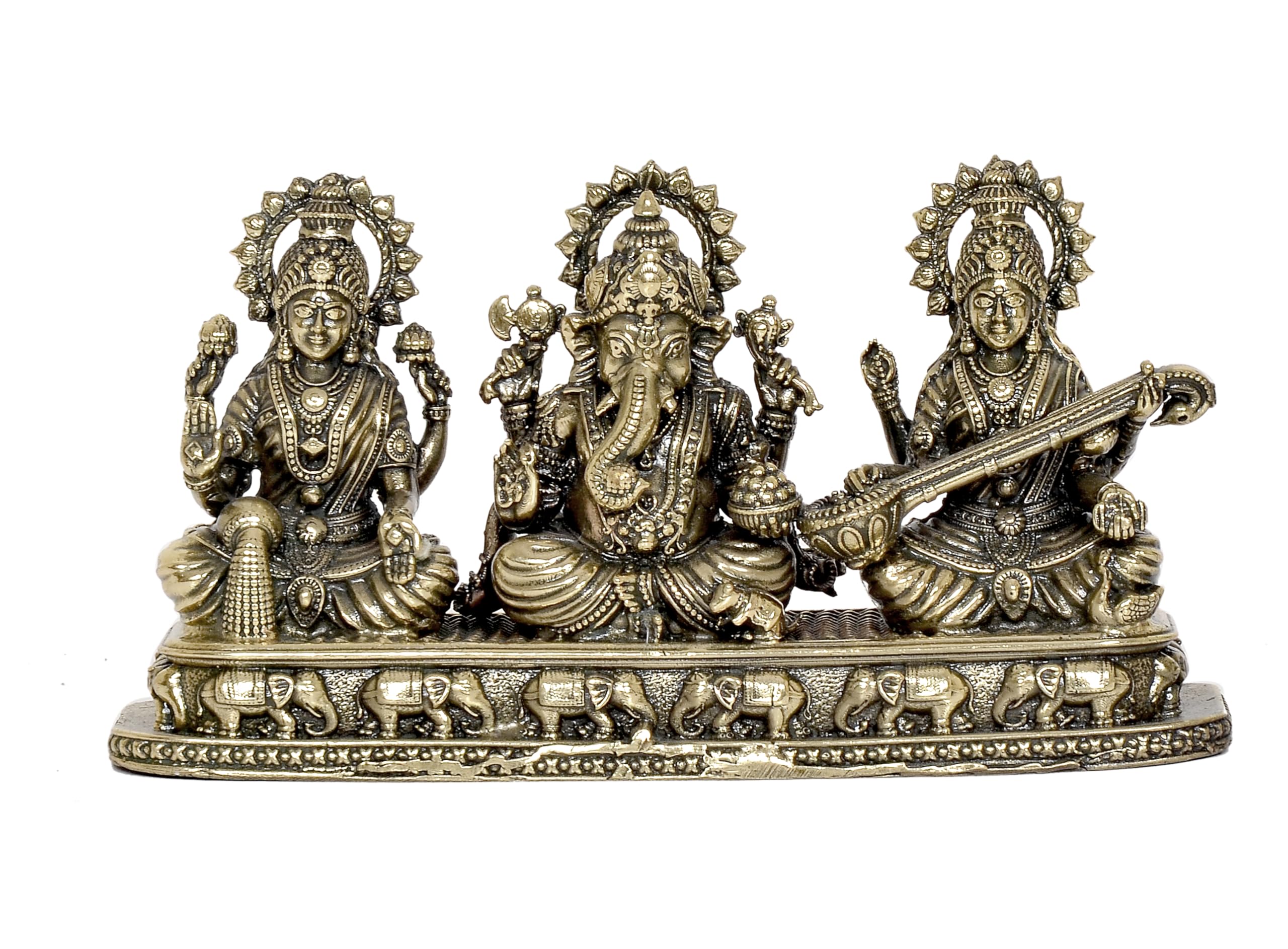 Dattatreya Fine Bronze Ganesha Laxmi Saraswati Idol Temple Murti Diwali Pooja Gift Decoration Showpiece (Height 3 Inch)